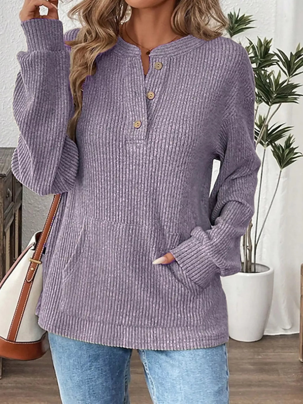 Ribbed Button Detail Long Sleeve T-Shirt in Lavender