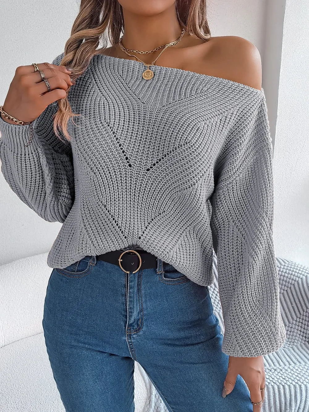 Openwork Long Sleeve Sweater in Mid Grey