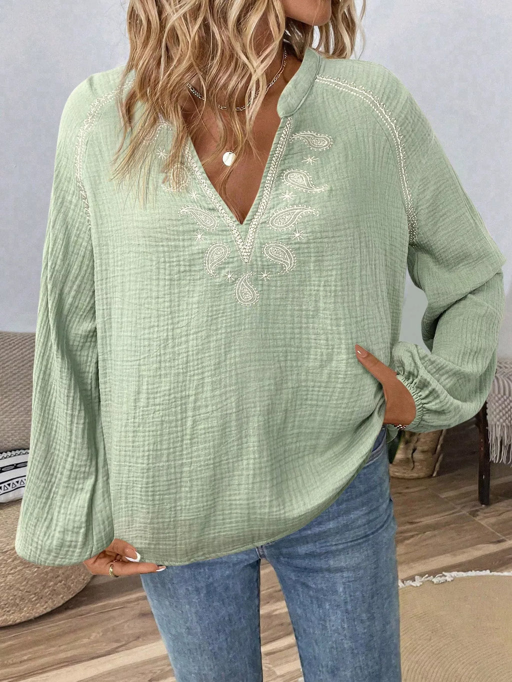 Paisley Notched Balloon Sleeve Blouse in Light Green