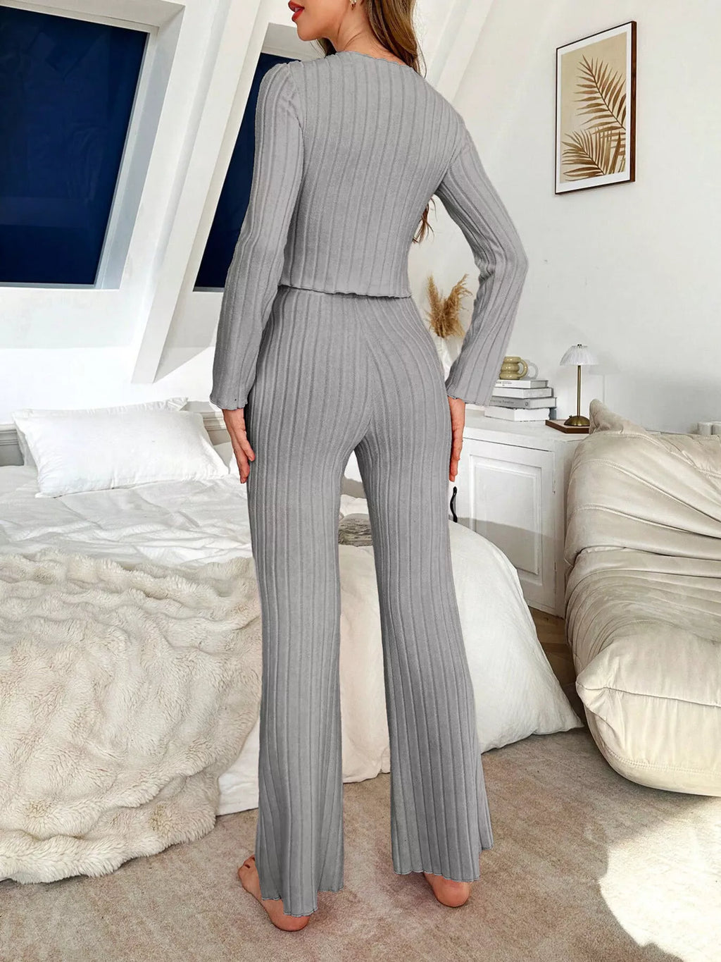 Bow Detail Ribbed Knit Top and Pants Lounge Set in Grey