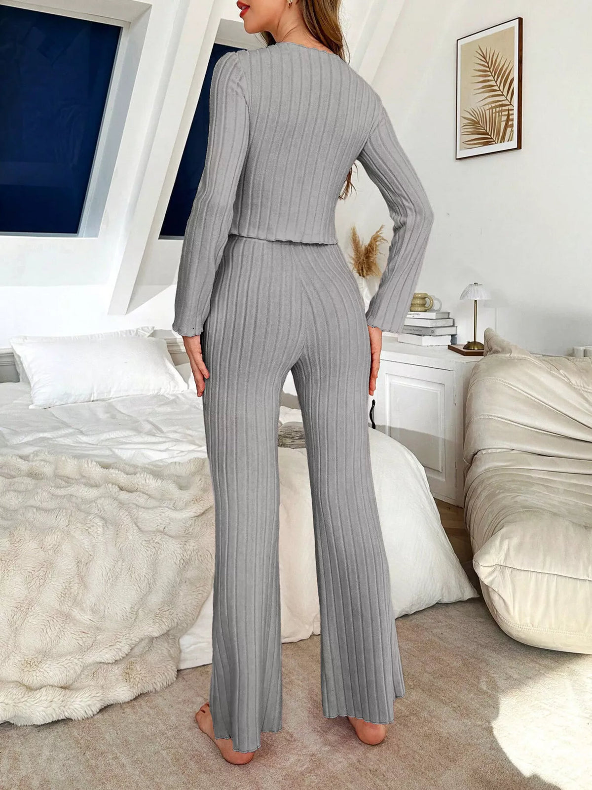 Bow Detail Ribbed Knit Top and Pants Lounge Set in Grey