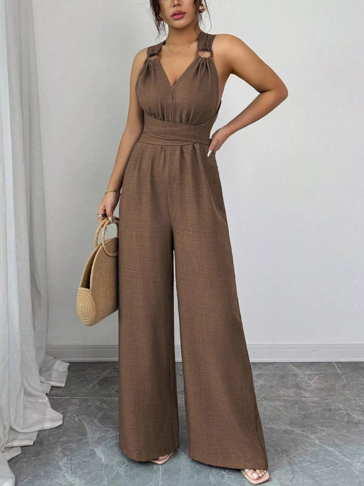 Sleeveless V-Neck Wide-Leg Jumpsuit with O-Ring Detail in Brown