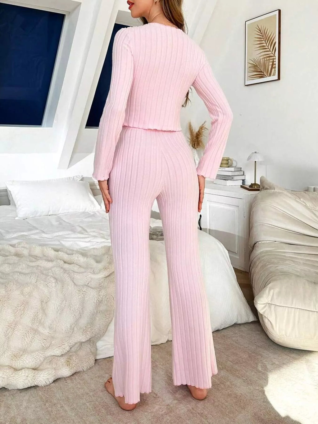 Bow Detail Ribbed Knit Top and Pants Lounge Set in Pink