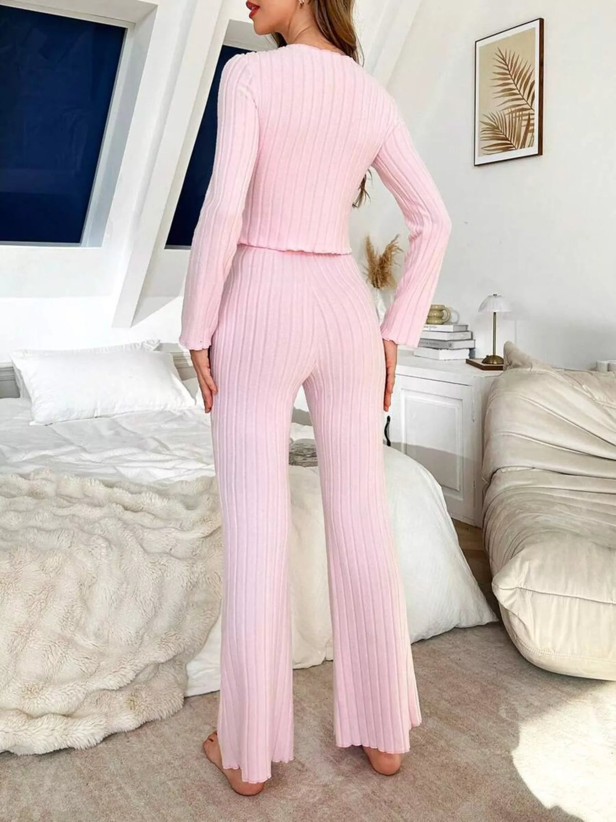 Bow Detail Ribbed Knit Top and Pants Lounge Set in Pink