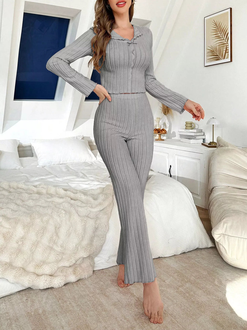 Bow Detail Ribbed Knit Top and Pants Lounge Set in Grey