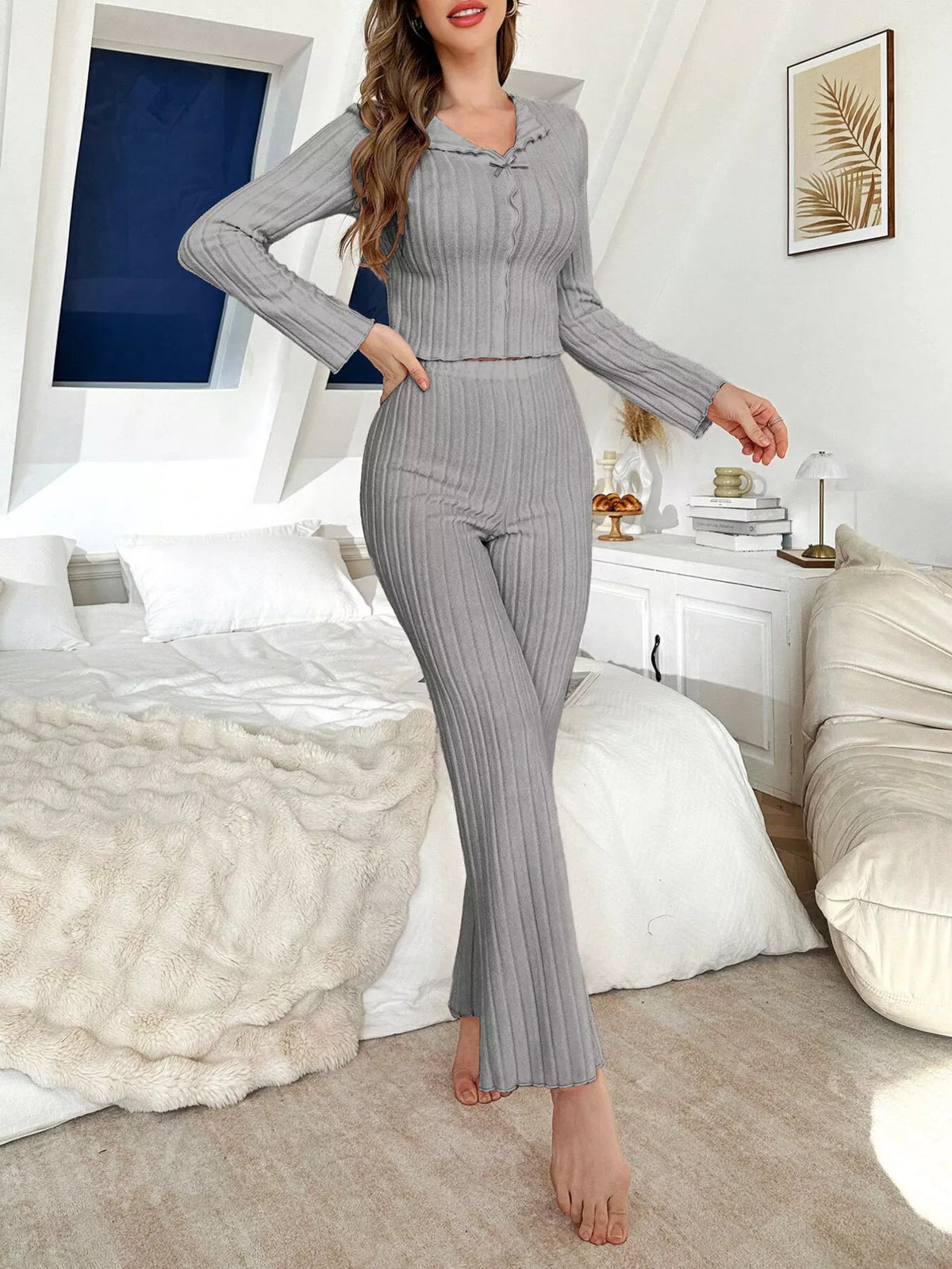Bow Detail Ribbed Knit Top and Pants Lounge Set in Grey