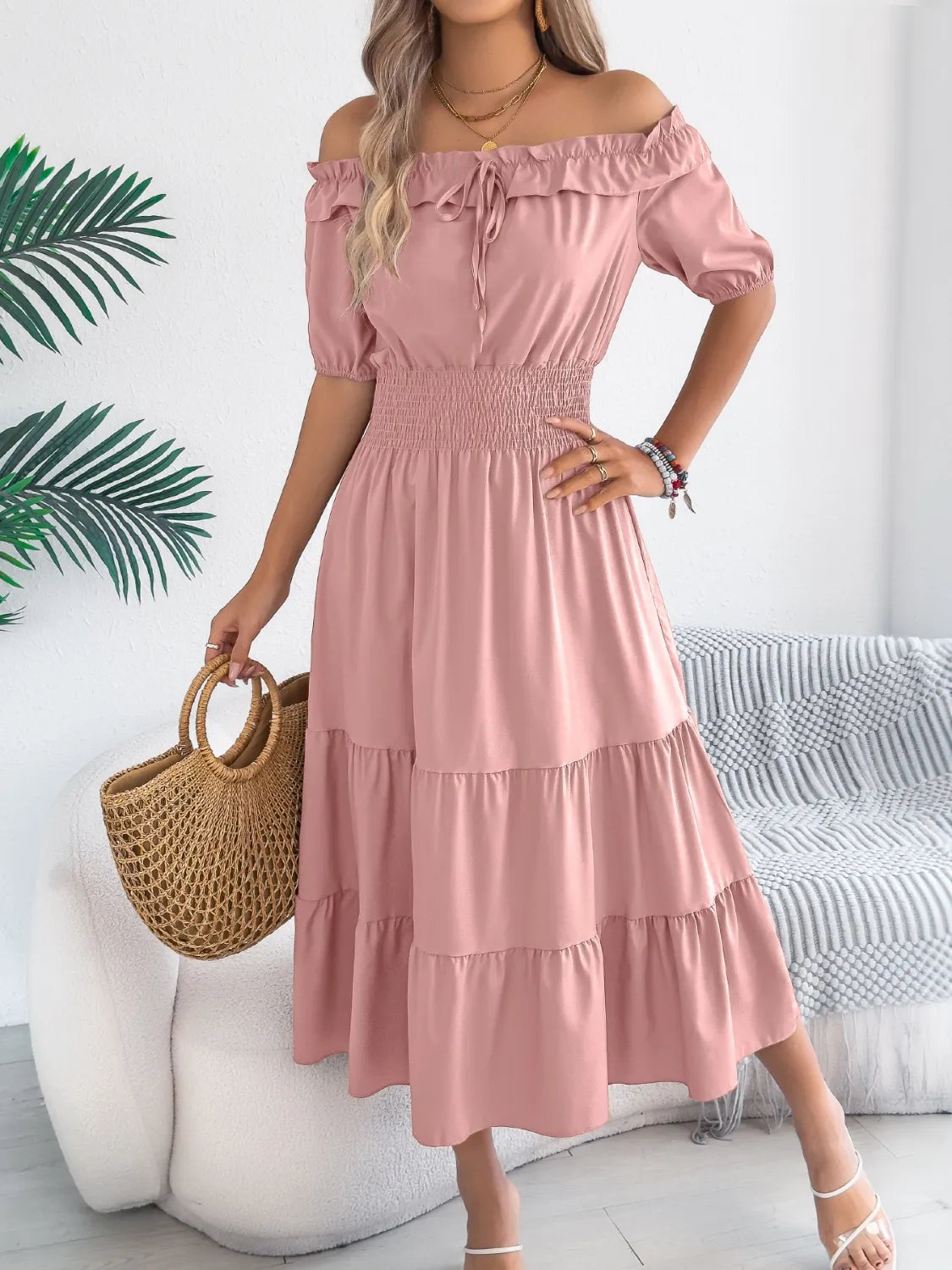 Smocked Off-Shoulder Tiered Dress in Dusty Pink