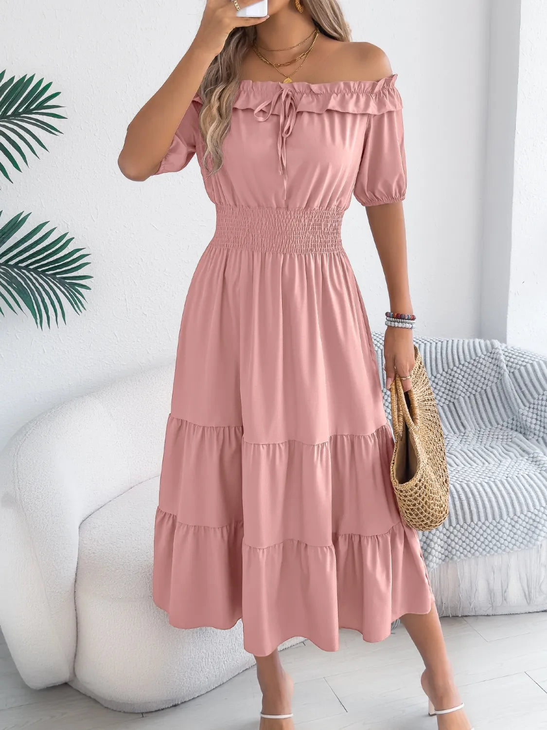 Smocked Off-Shoulder Tiered Dress in Dusty Pink