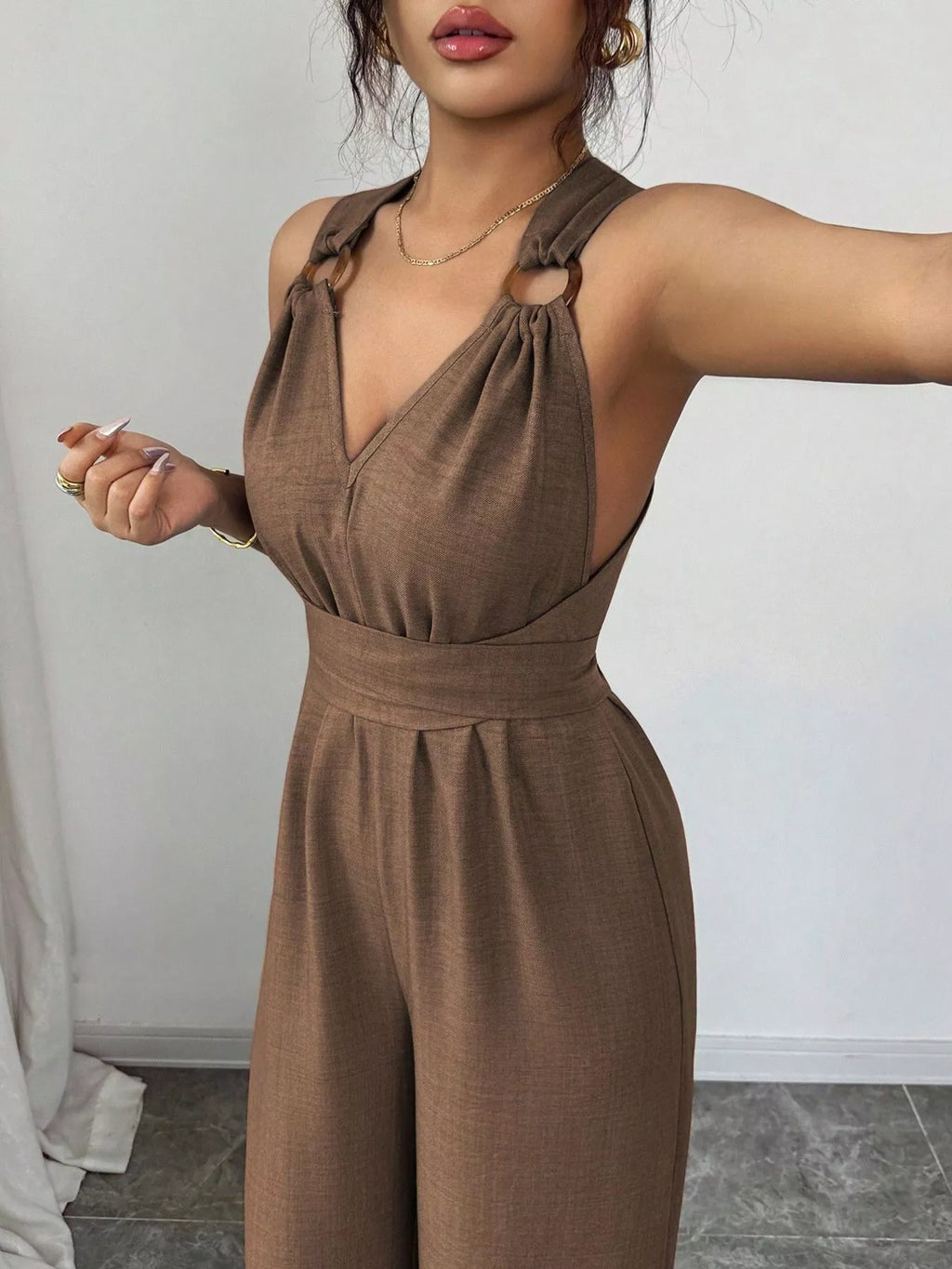 Sleeveless V-Neck Wide-Leg Jumpsuit with O-Ring Detail in Brown