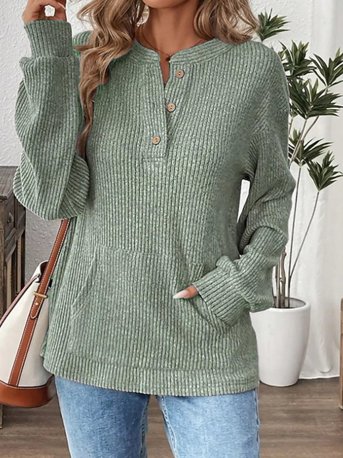 Ribbed Button Detail Long Sleeve T-Shirt in Green