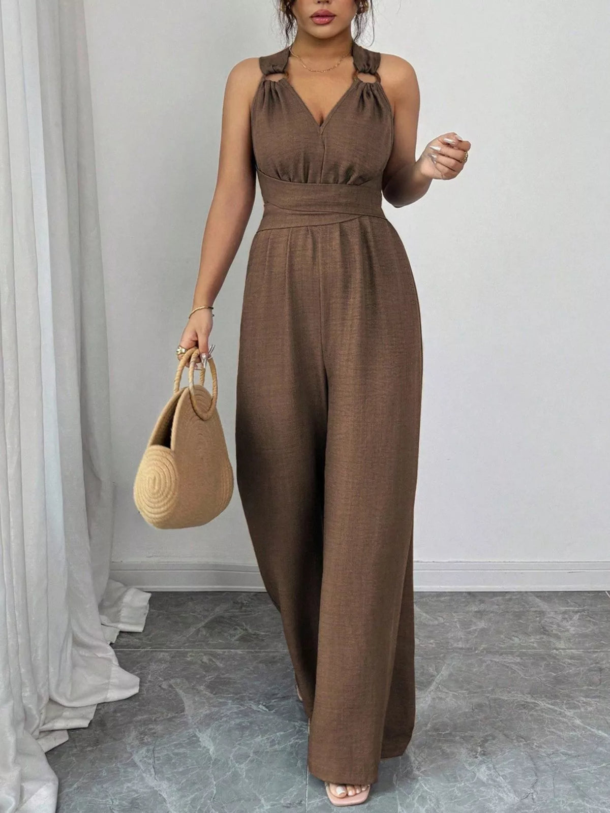 Sleeveless V-Neck Wide-Leg Jumpsuit with O-Ring Detail in Brown