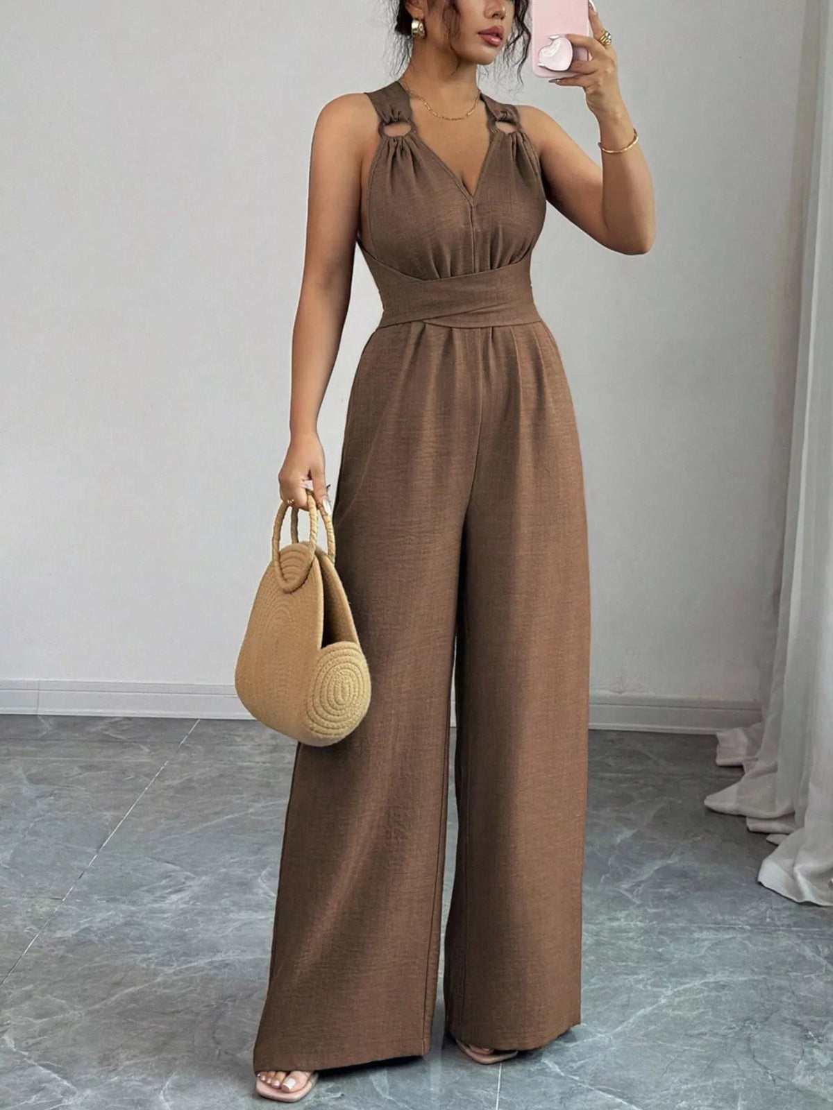 Sleeveless V-Neck Wide-Leg Jumpsuit with O-Ring Detail in Brown