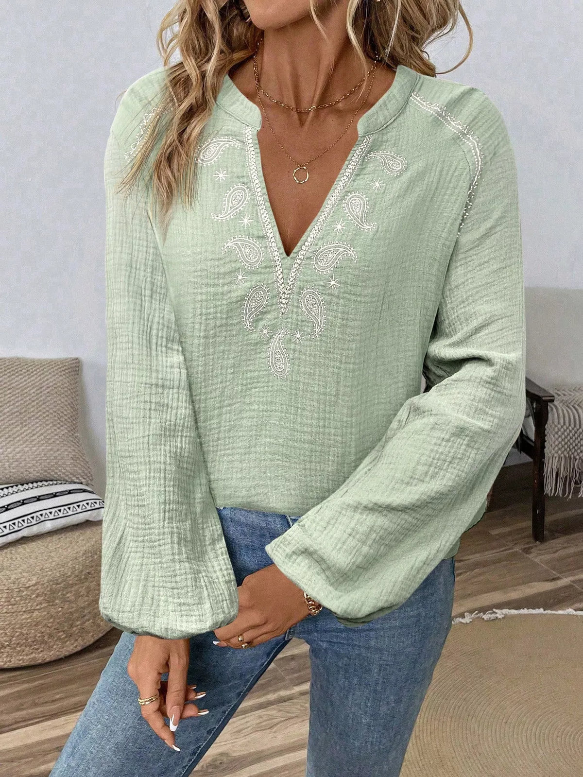 Paisley Notched Balloon Sleeve Blouse in Light Green