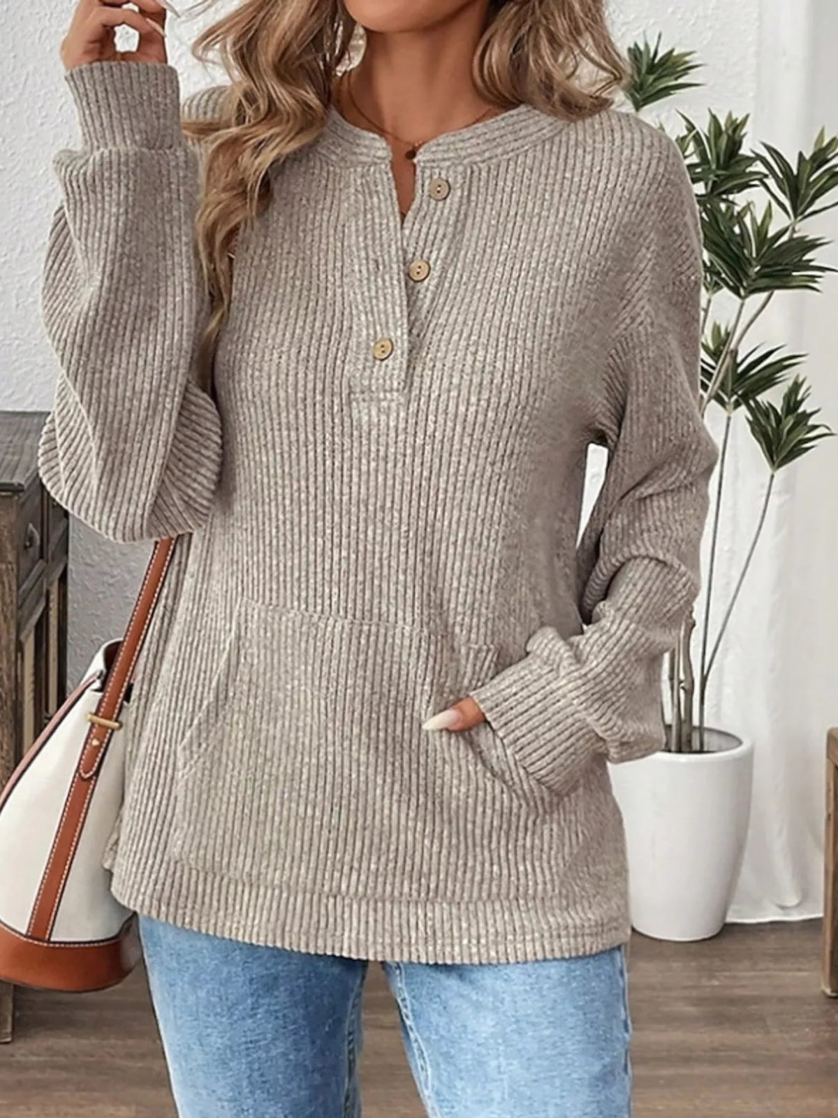 Ribbed Button Detail Long Sleeve T-Shirt in Beige