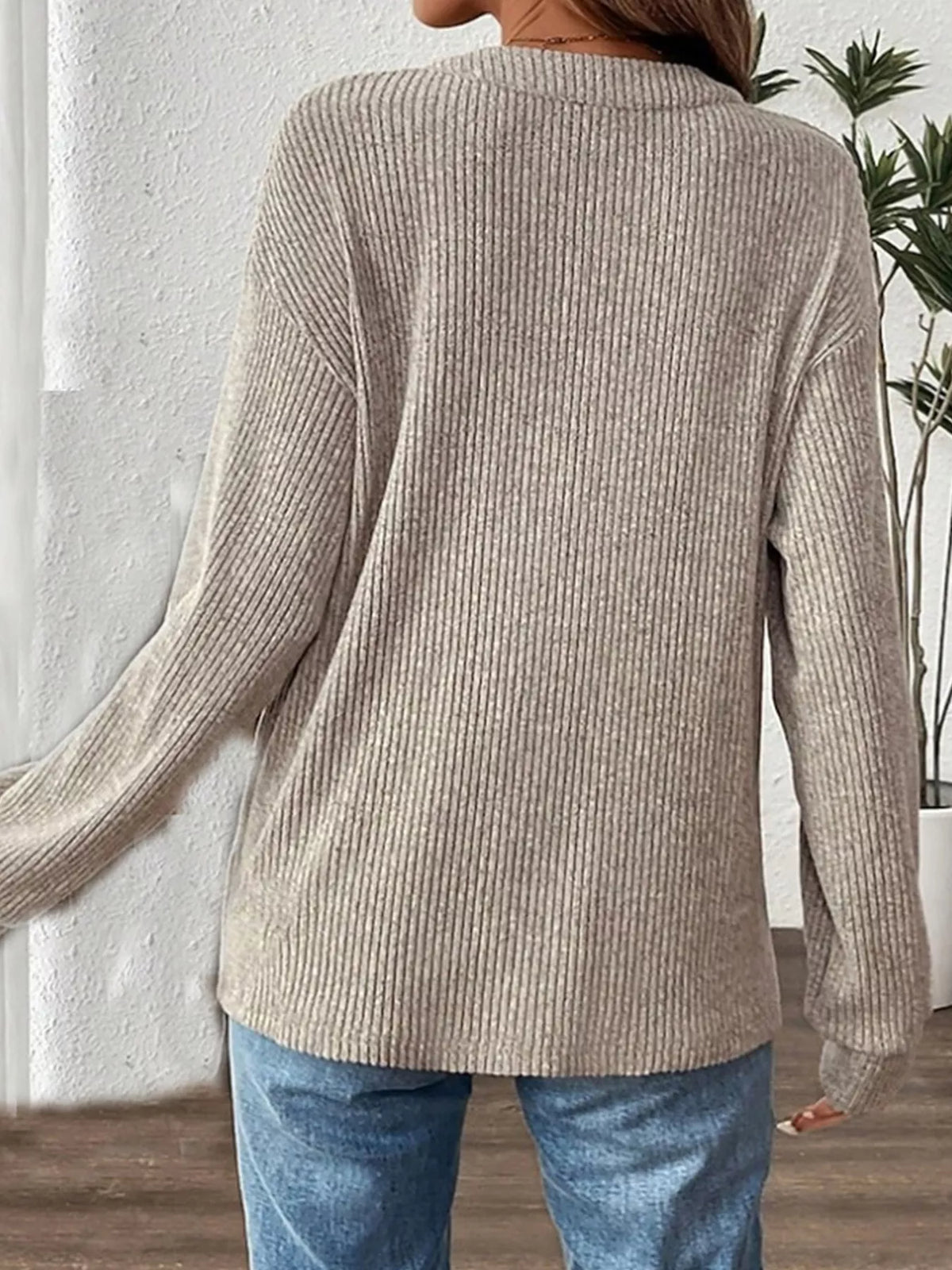 Ribbed Button Detail Long Sleeve T-Shirt in Beige