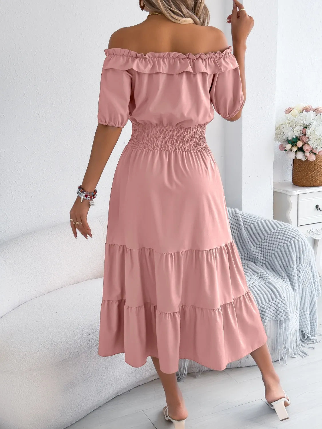 Smocked Off-Shoulder Tiered Dress in Dusty Pink