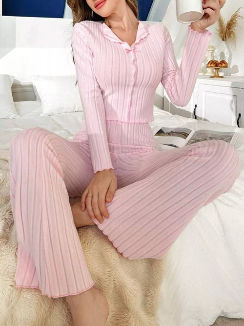 Bow Detail Ribbed Knit Top and Pants Lounge Set in Pink