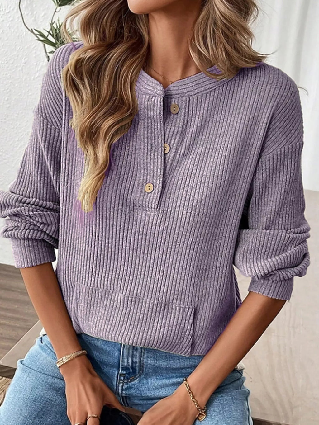 Ribbed Button Detail Long Sleeve T-Shirt in Lavender