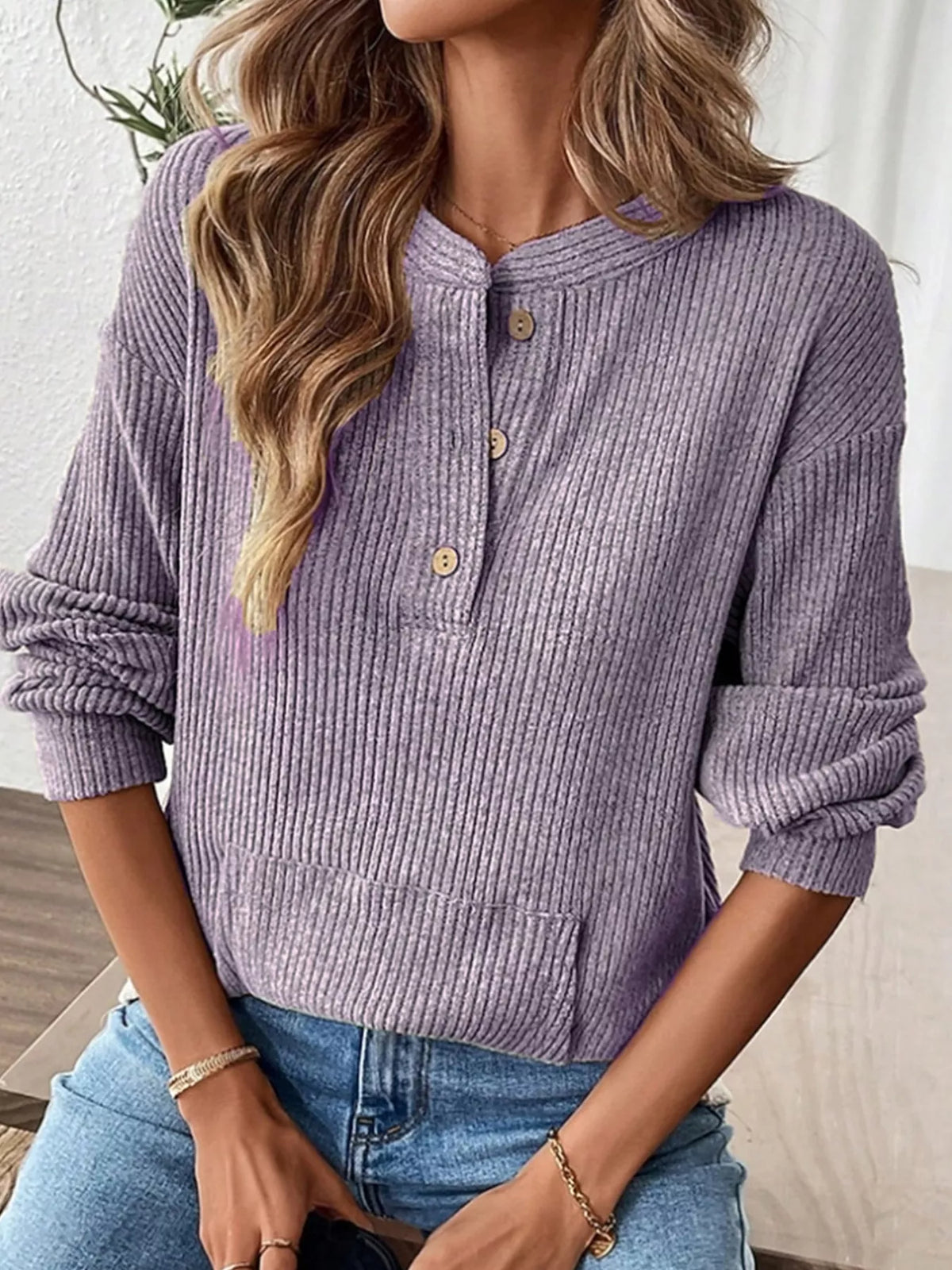 Ribbed Button Detail Long Sleeve T-Shirt in Lavender