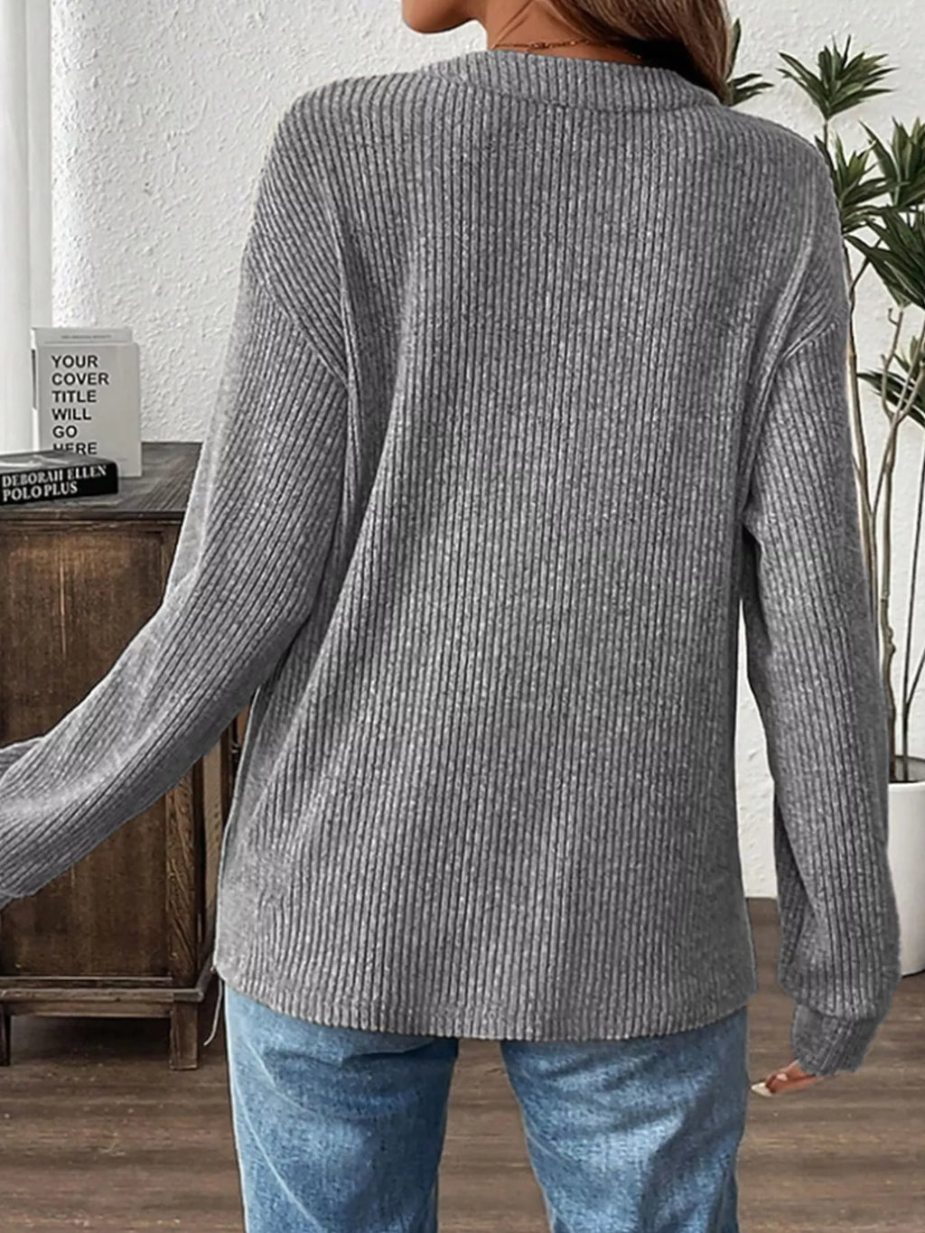 Ribbed Button Detail Long Sleeve T-Shirt in Grey