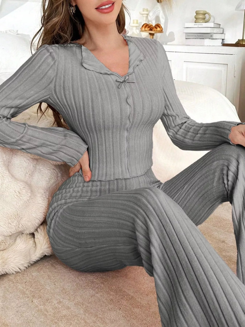 Bow Detail Ribbed Knit Top and Pants Lounge Set in Grey