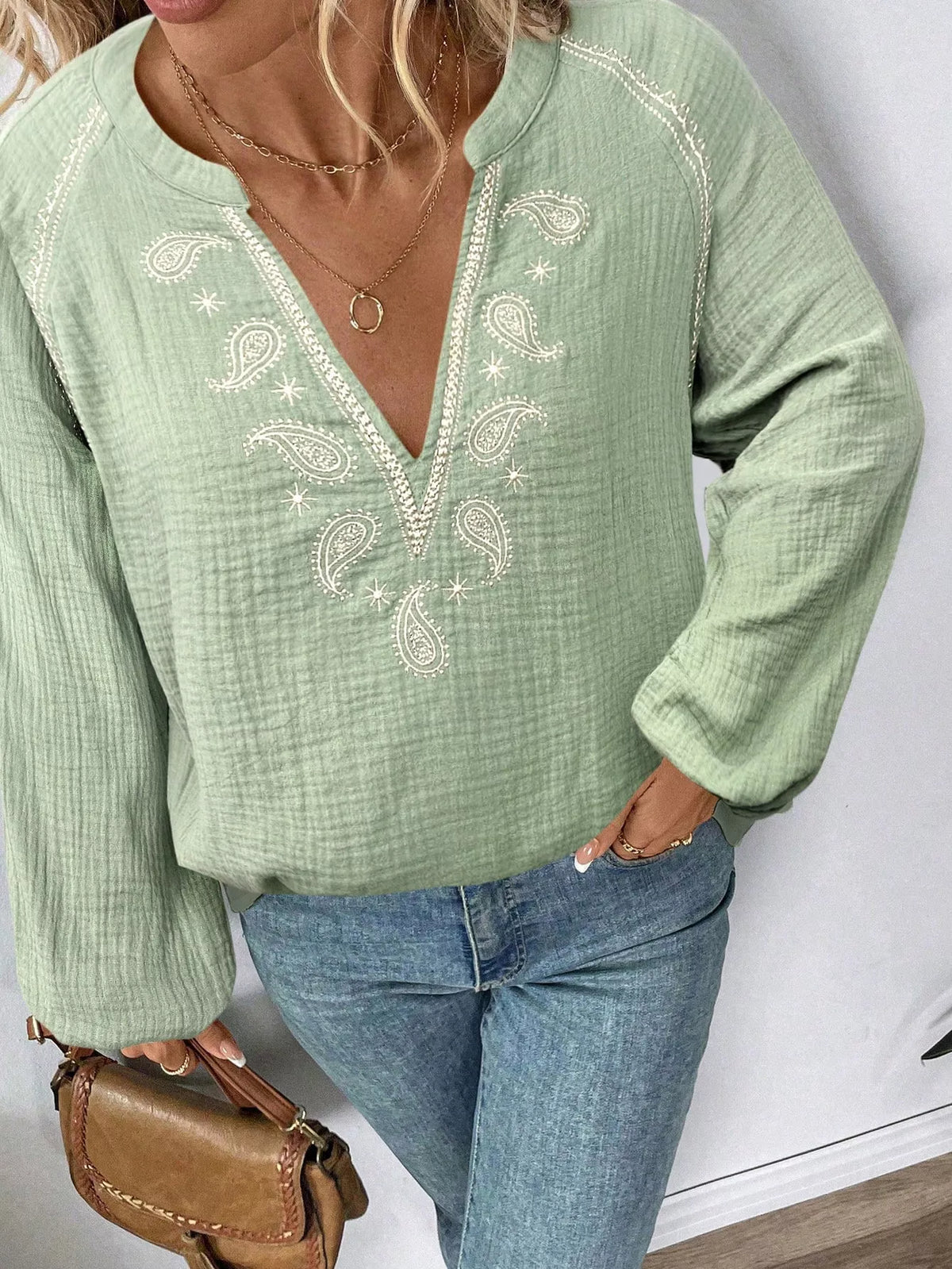 Paisley Notched Balloon Sleeve Blouse in Light Green