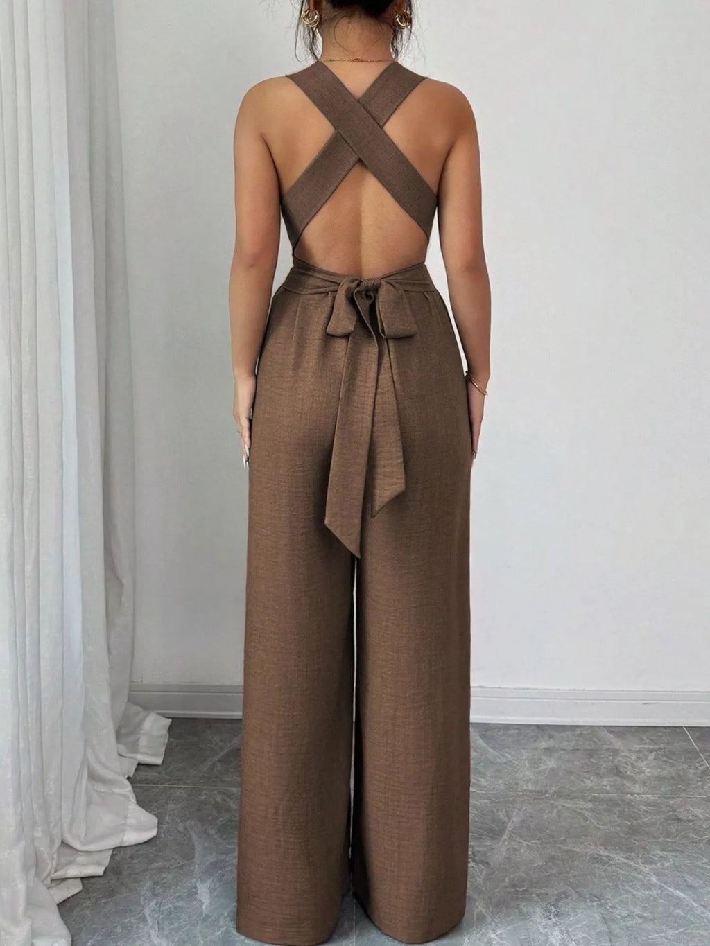 Sleeveless V-Neck Wide-Leg Jumpsuit with O-Ring Detail in Brown