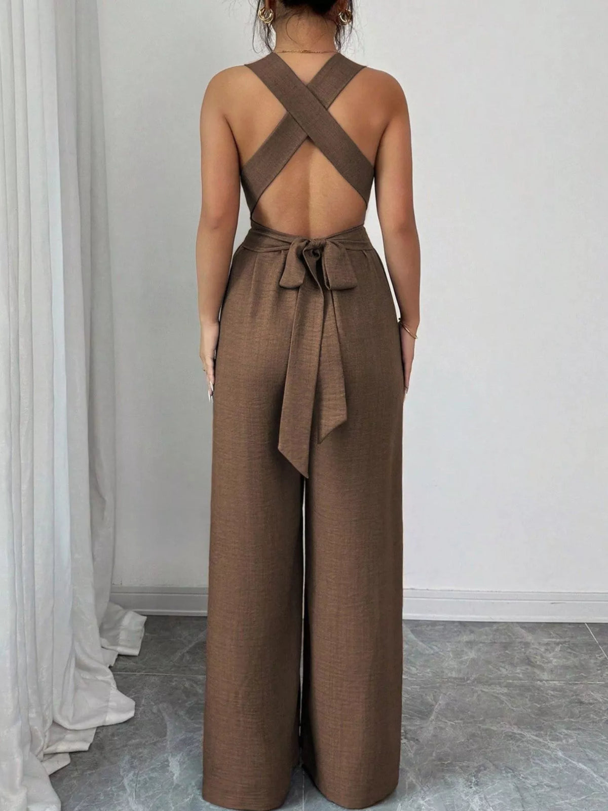 Sleeveless V-Neck Wide-Leg Jumpsuit with O-Ring Detail in Brown