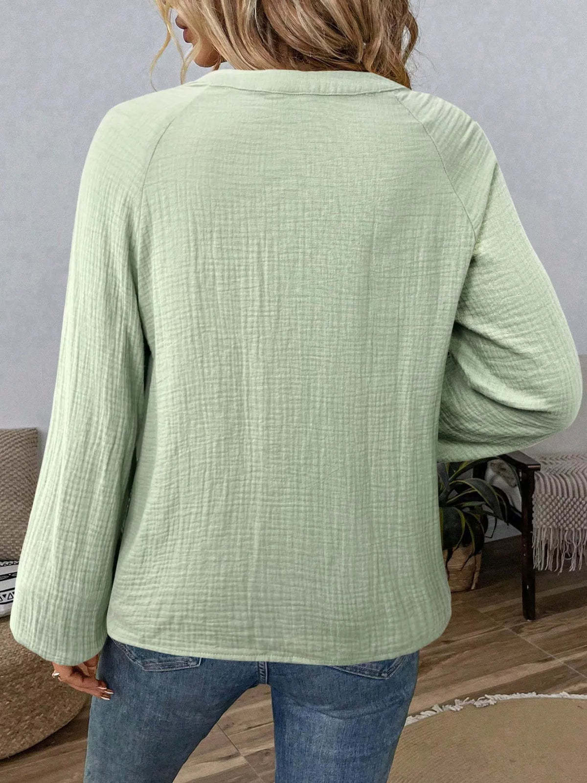 Paisley Notched Balloon Sleeve Blouse in Light Green
