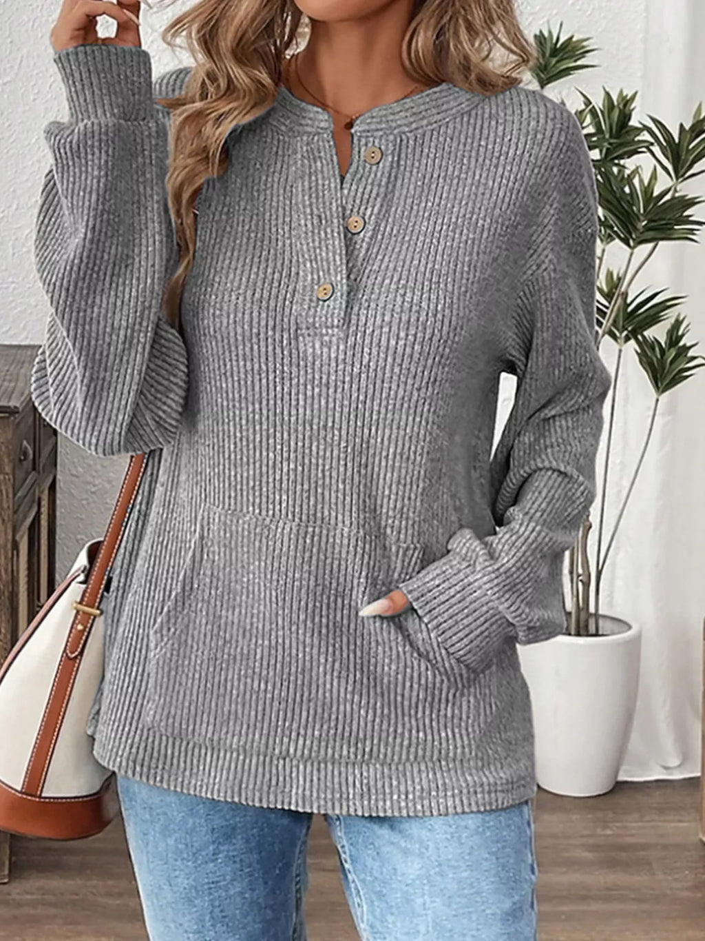 Ribbed Button Detail Long Sleeve T-Shirt in Grey