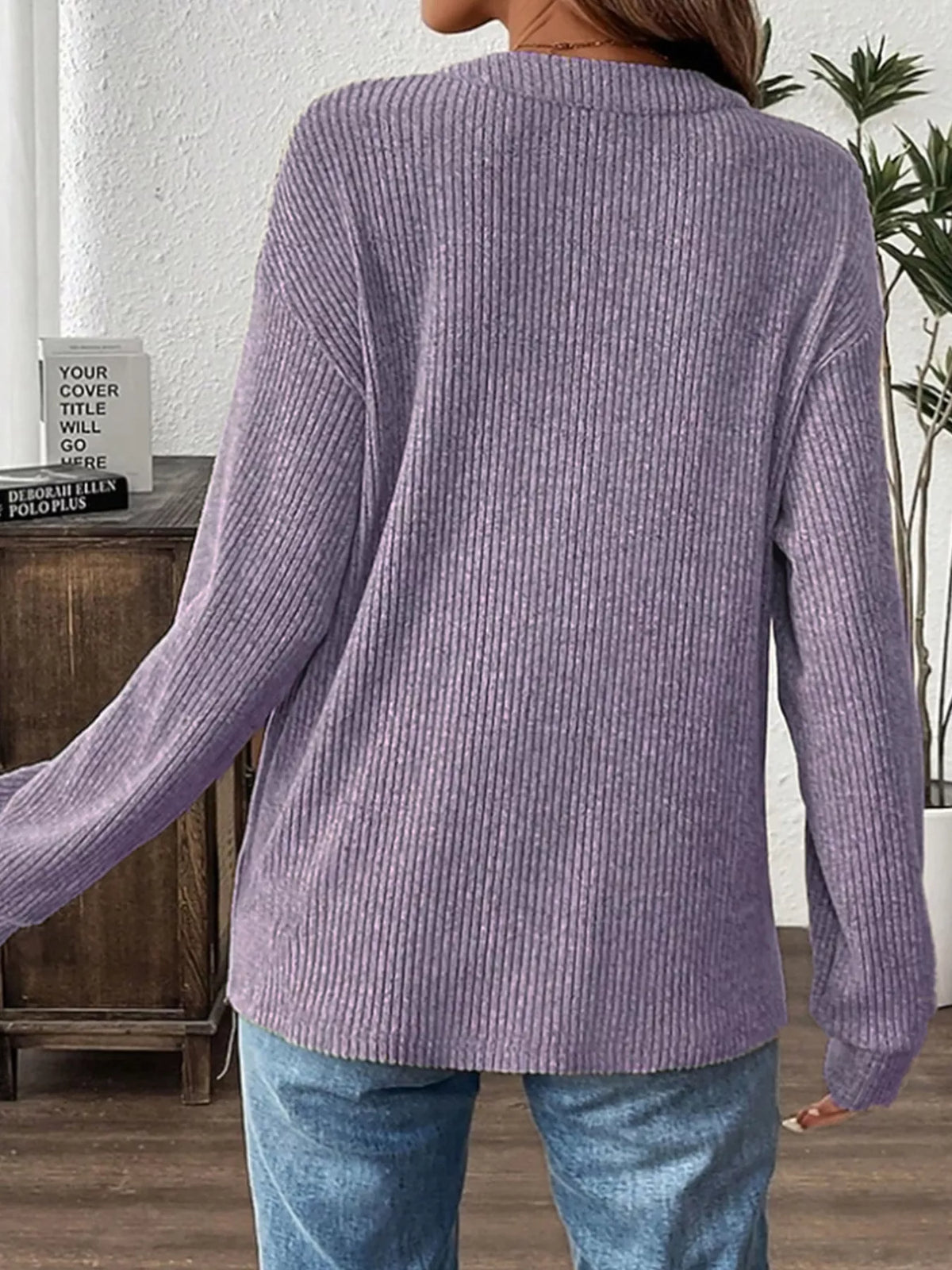 Ribbed Button Detail Long Sleeve T-Shirt in Lavender