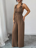 Sleeveless V-Neck Wide-Leg Jumpsuit with O-Ring Detail in Brown
