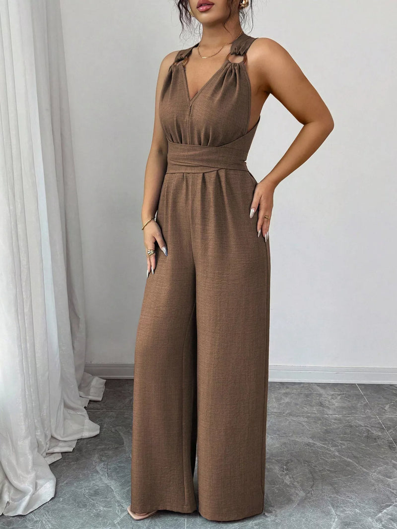 Sleeveless V-Neck Wide-Leg Jumpsuit with O-Ring Detail in Brown